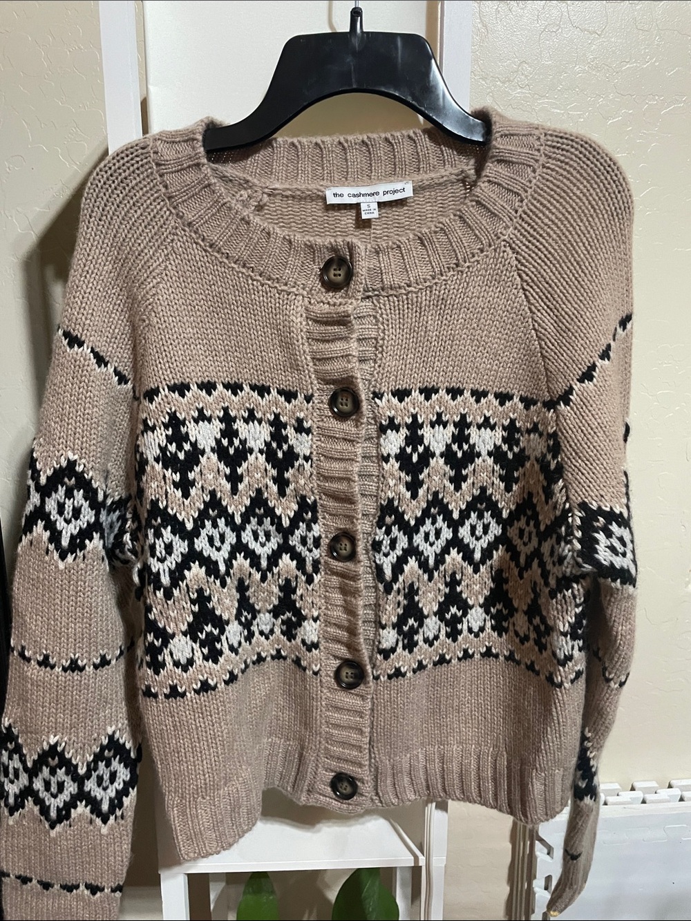 The Cashmere Project Taupe Fair Isle Button-Front Cardigan